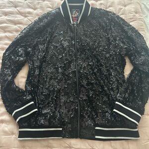 Johnny Was M Black Sequin Bomber Jacket